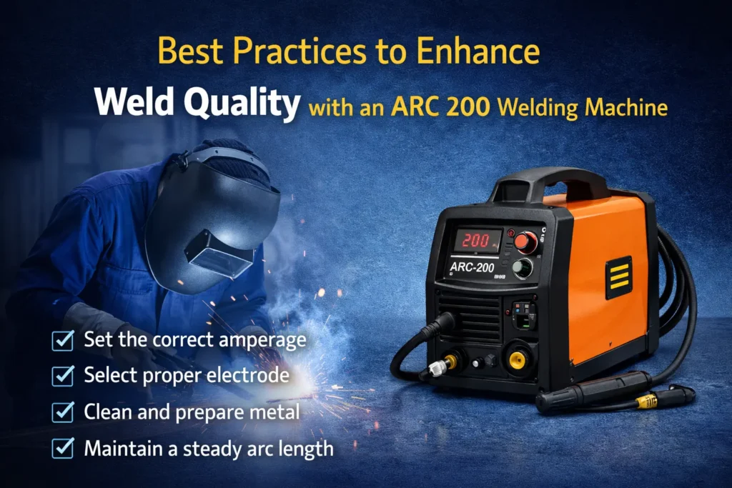 ARC 200 Welding Machine in action showing proper welding technique, correct amperage settings and electrode use for improving weld quality in industrial applications.