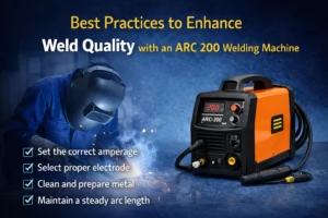 ARC 200 Welding Machine in action showing proper welding technique, correct amperage settings and electrode use for improving weld quality in industrial applications.